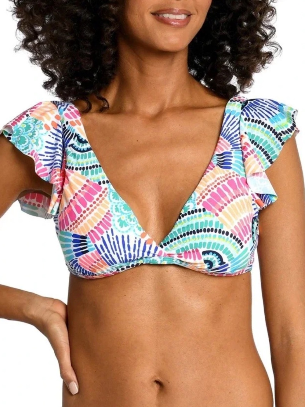 La Blanca V neck Ruffle-Sleeve bikini top size 12 tie Back multicolored NEW
